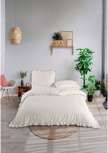 Candy Fırfırlı Biyeli %100 Pamuk Nevresim Takımı Çift Kişilik Ekru Mor 200X220CM
