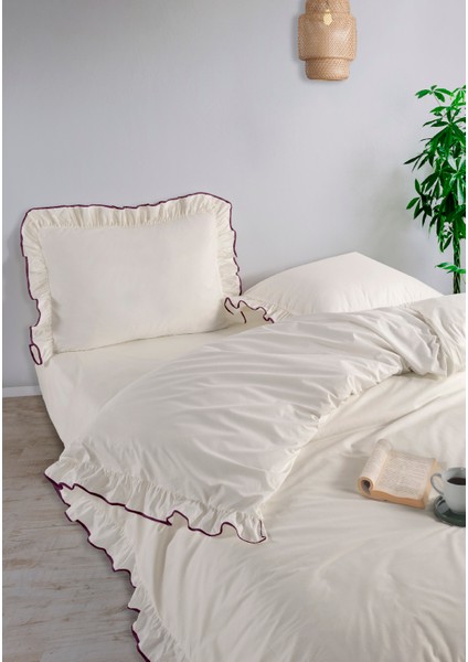 Candy Fırfırlı Biyeli %100 Pamuk Nevresim Takımı Çift Kişilik Ekru Mor 200X220CM fiyatları