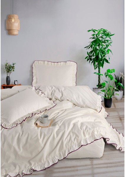 Candy Fırfırlı Biyeli %100 Pamuk Nevresim Takımı Çift Kişilik Ekru Mor 200X220CM modelleri