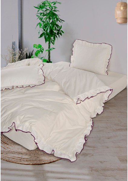 Candy Fırfırlı Biyeli %100 Pamuk Nevresim Takımı Çift Kişilik Ekru Mor 200X220CM fırsatları