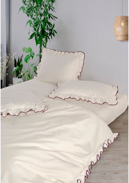 Candy Fırfırlı Biyeli %100 Pamuk Nevresim Takımı Çift Kişilik Ekru Mor 200X220CM indirimleri
