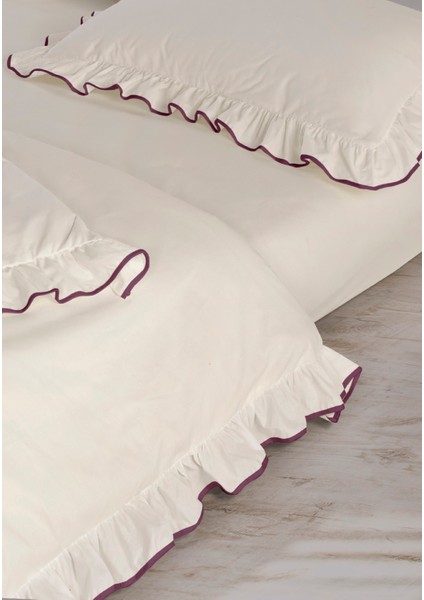 Candy Fırfırlı Biyeli %100 Pamuk Nevresim Takımı Çift Kişilik Ekru Mor 200X220CM