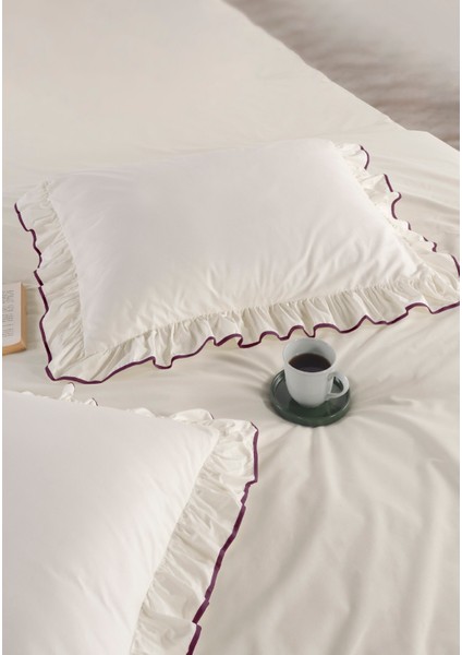 Candy Fırfırlı Biyeli %100 Pamuk Nevresim Takımı Çift Kişilik Ekru Mor 200X220CM