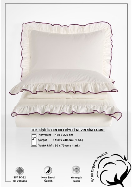 Candy Fırfırlı Biyeli %100 Pamuk Nevresim Takımı Çift Kişilik Ekru Mor 200X220CM