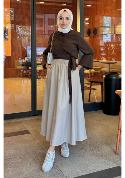 Kadın Kurdele Detaylı Gömlek-Kahverengi