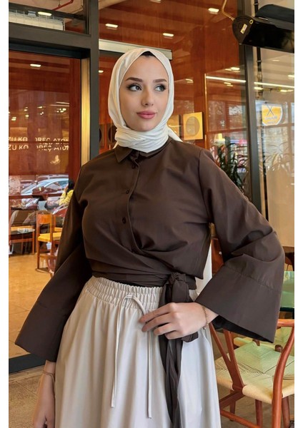 Kadın Kurdele Detaylı Gömlek-Kahverengi fiyatları