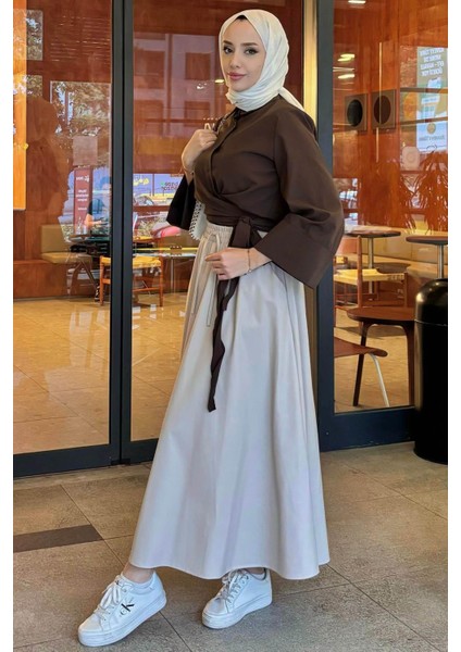 Kadın Kurdele Detaylı Gömlek-Kahverengi modelleri