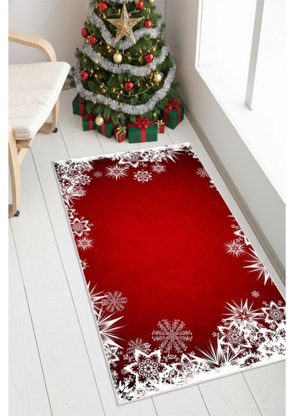 Kar Taneli Yılbaşı Temalı Dijital Baskılı Yıkanabilir Kaymaz Kırmızı Halı