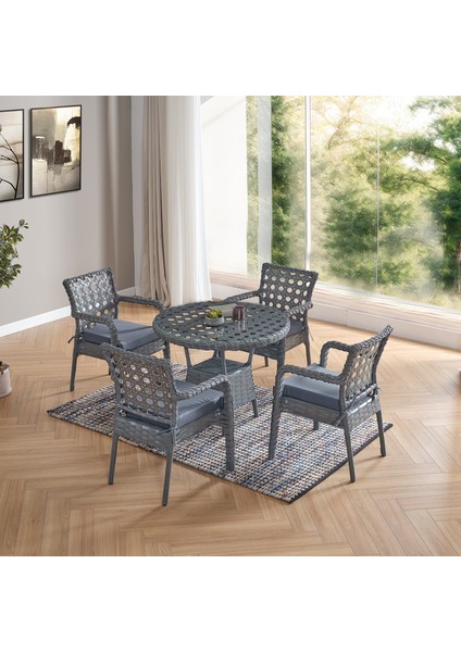 Ayaz 4 Kişilik Rattan Bahçe Balkon Mutfak Masa Takımı Gri