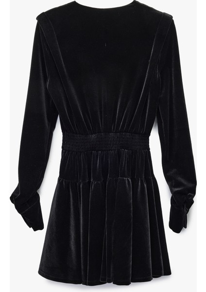 Kruvaze Yaka Uzun Kollu Büzgü Detaylı Kadife Mini Abiye Elbise fiyatları