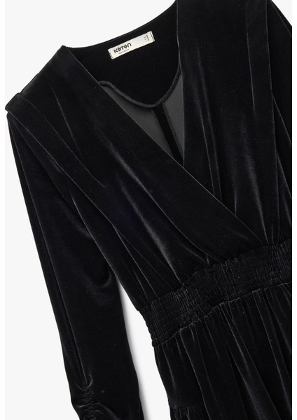 Kruvaze Yaka Uzun Kollu Büzgü Detaylı Kadife Mini Abiye Elbise modelleri