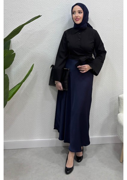 Kadın Kurdele Detaylı Gömlek-Siyah