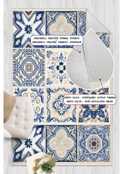 Dijital Baskılı Mavi Çini Desenli Kaymaz Taban Yıkanabilir Halı fırsatları