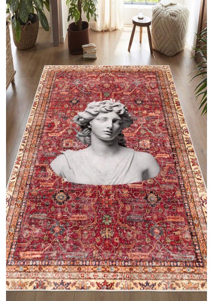 Bordo Kilim Antik Büst Desenli Kaymaz Taban Yıkanabilir Halı
