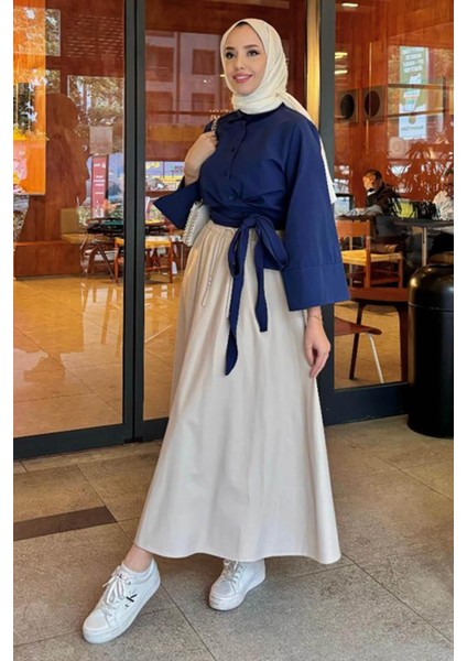 Kadın Kurdele Detaylı Gömlek-Lacivert