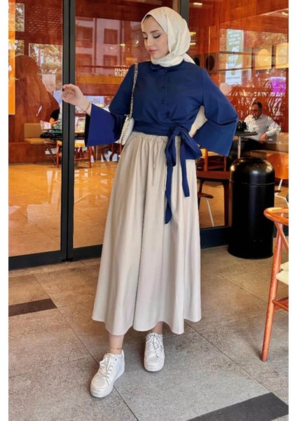 Kadın Kurdele Detaylı Gömlek-Lacivert fiyatları