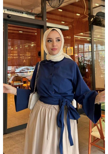 Kadın Kurdele Detaylı Gömlek-Lacivert modelleri