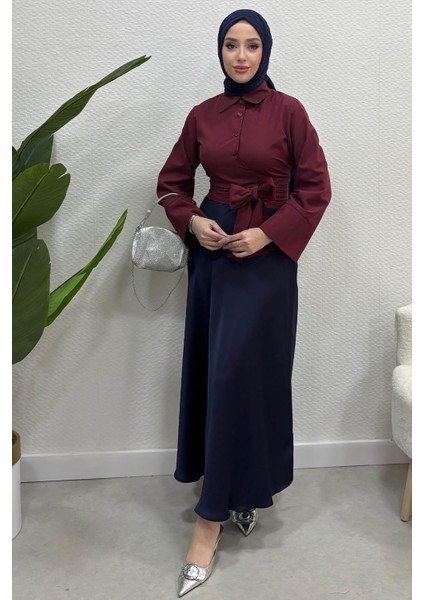 Kadın Kurdele Detaylı Gömlek-Bordo