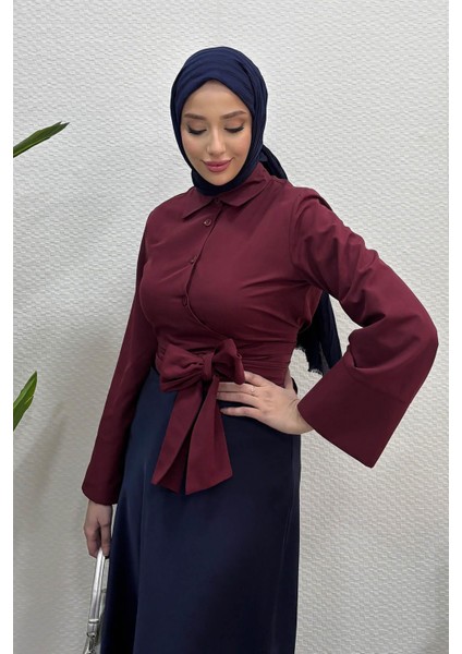 Kadın Kurdele Detaylı Gömlek-Bordo modelleri