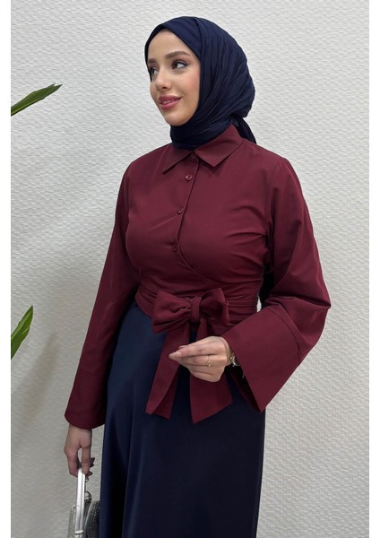 Kadın Kurdele Detaylı Gömlek-Bordo fırsatları