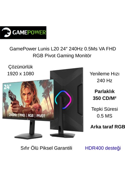 Lunis L20 24" 0.5 Ms Full Hd Pivot 240 Hz Oyuncu Monitörü