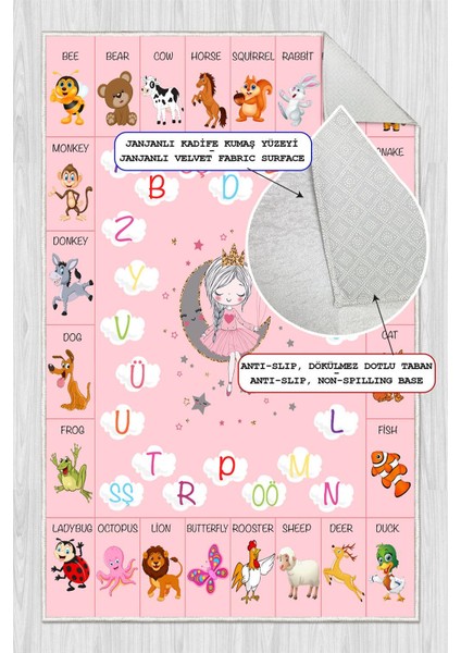 Dijital Baskılı Dekoratif Kaymaz Taban Yıkanabilir Alfabe Temalı Eğitici ve Öğretici Çocuk Halısı