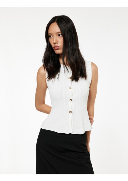 Düğmeli Bisiklet Yaka Peplum Kesim Triko Yelek