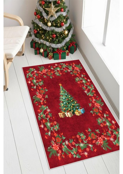 Yılbaşı Çam Ağacı Desenli Dijital Baskılı Yıkanabilir Kaymaz Taban Halı