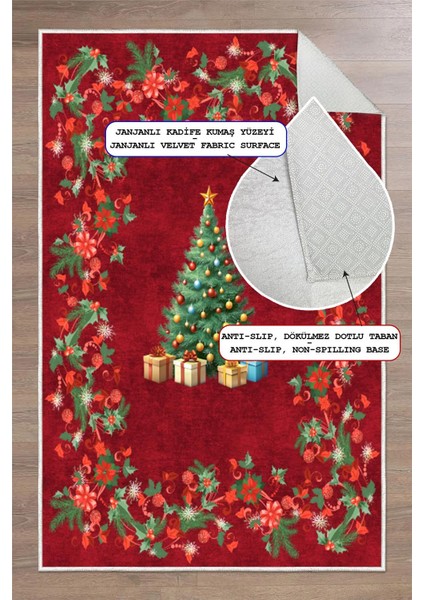 Yılbaşı Çam Ağacı Desenli Dijital Baskılı Yıkanabilir Kaymaz Taban Halı fırsatları