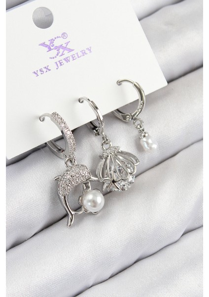 Pirinç Zirkon Taşlı 3'lü Yunus Balığı ve Istiridye Model Gümüş Renk Kadın Küpe