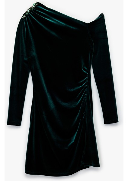 Slim Fit Uzun Kollu Asimetrik Yaka Taşlı Mini Kadife Elbise