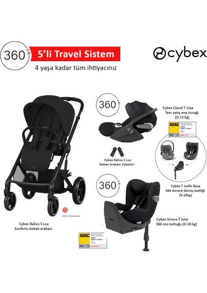 5 Li Travel Sistem Indirimi Cybex Balios S Lux Moon Black + Cybex Cloud T 360 Isize + Cybex Sirona T 360 Isize + Cybex T Isofix Baza+ Cybex Balios Adaptör