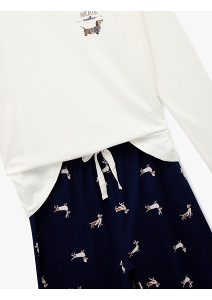 Uzun Kollu Bisiklet Yaka Köpek Desenli Pamuklu Pijama Takımı modelleri