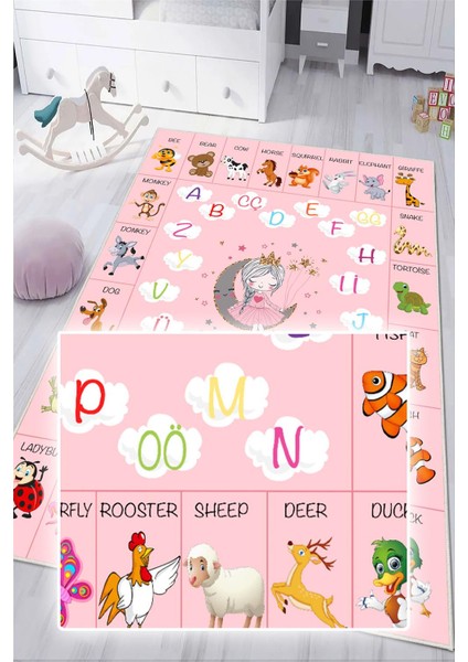 Dijital Baskılı Dekoratif Kaymaz Taban Yıkanabilir Alfabe Temalı Eğitici ve Öğretici Çocuk Halısı