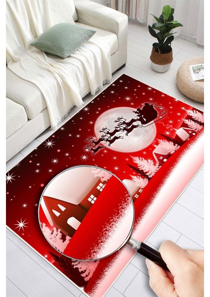 Dijital Baskılı Yıkanabilir Yılbaşı Temalı Kırmızı Geyik Desenli Halı modelleri