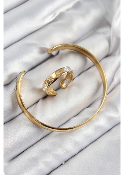 Pirinç Zirkon Taşlı Ayrık Model Gold Renk Bileklik Yüzük Set fiyatları