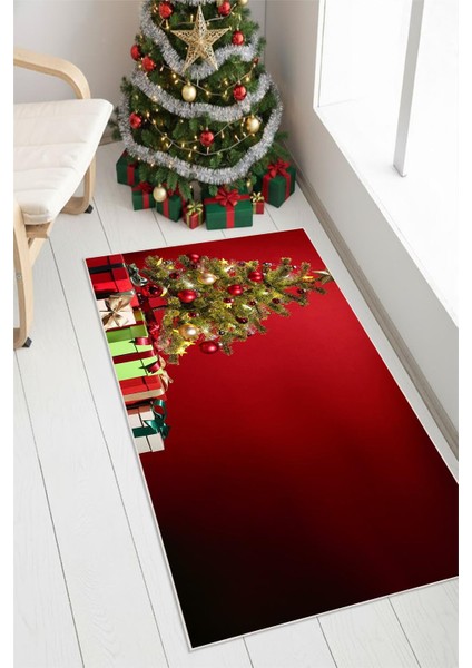 Dijital Baskılı Yıkanabilir Yılbaşı Temalı Kırmızı Halı