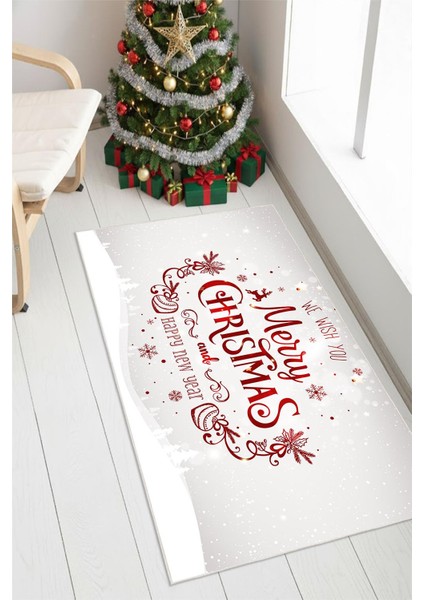 Yeni Yıl Temalı Merry Christmas Yazılı Dijital Baskılı Yıkanabilir Kaymaz Halı