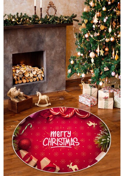 Yılbaşı Temalı Merry Christmas Dijital Baskılı Yıkanabilir Yuvarlak Kırmızı Halı