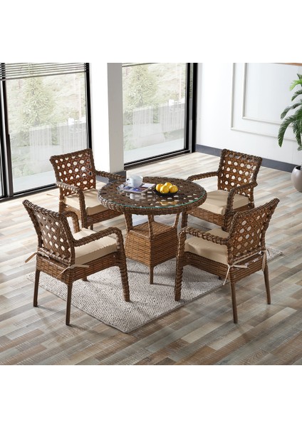 Ayaz 4 Kişilik Rattan Bahçe Balkon Mutfak Masa Takımı Kahve