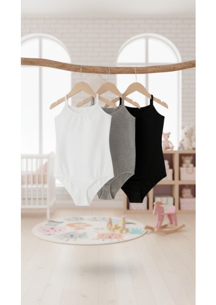 Çoçuk Pamuklu Ip Askılı Kopçalı Body 3 Lü Paket Siyah-Beyaz-Gri