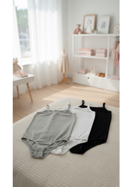 Çoçuk Pamuklu Ip Askılı Kopçalı Body 3 Lü Paket Siyah-Beyaz-Gri fiyatları