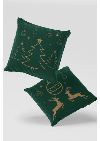 Yeşil Altın Ren Geyiği Çam Ağacı Yılbaşı Kırlent Kılıfı Seti 2'li