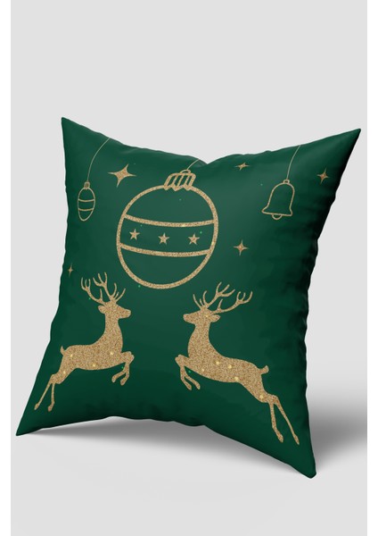 Yeşil Altın Ren Geyiği Çam Ağacı Yılbaşı Kırlent Kılıfı Seti 2'li modelleri