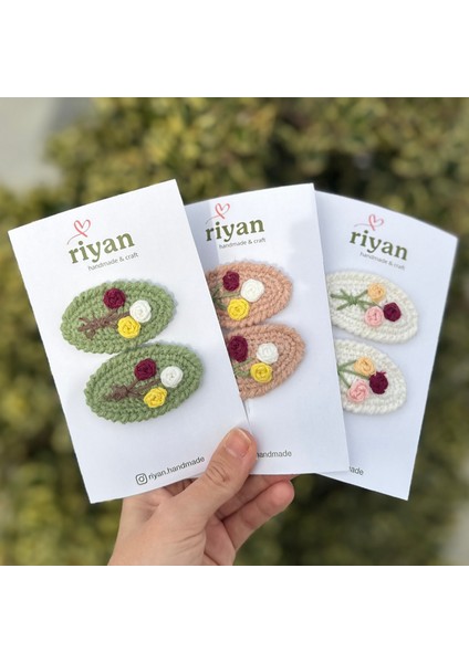 El Yapımı Örgü Çiçek Işlemeli Çıtçıtlı Toka – 2’li Set | Kız Çocuk Saç Aksesuarı modelleri