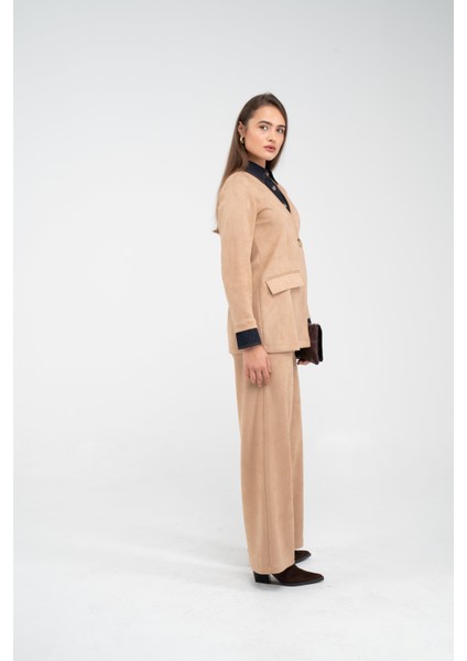 Süet Dokulu Tek Düğmeli Modern Kadın Takım 8098 fırsatları