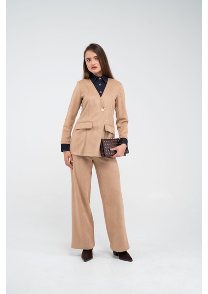 Süet Dokulu Tek Düğmeli Modern Kadın Takım 8098 indirimleri