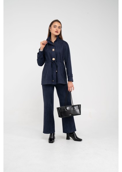 Süet Dokulu Altın Düğmeli Kuşaklı Kadın Takım 1757 fiyatları