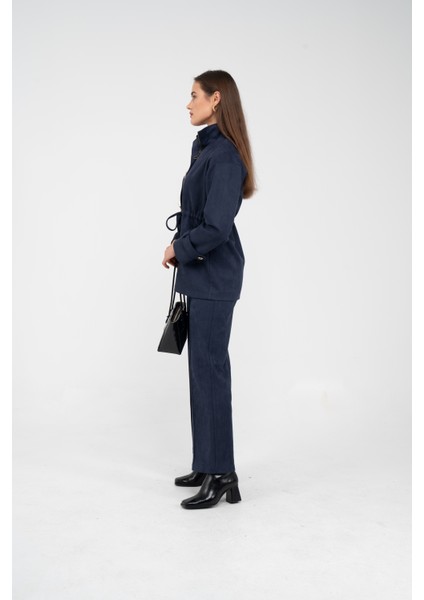 Süet Dokulu Altın Düğmeli Kuşaklı Kadın Takım 1757 indirimleri