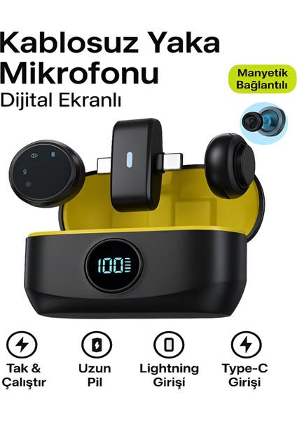 Lightinin Type-C Uyumlu 320MAH Dijital Ekranlı 2.4g Kablosuz Çift Yaka Mikrofonu Pro++